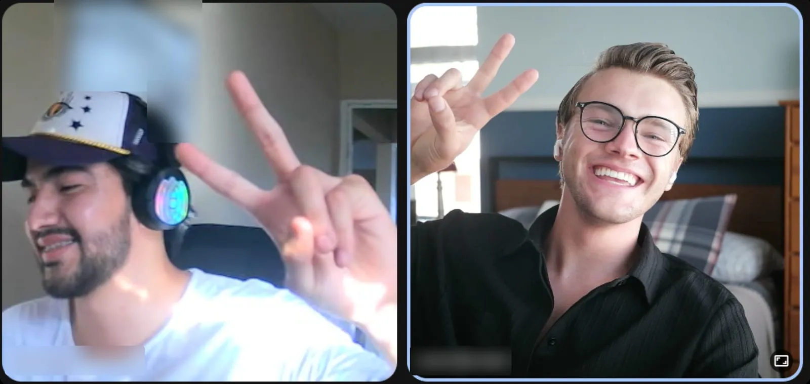 Two of the Clutch City crew on a video call, both throwing peace signs