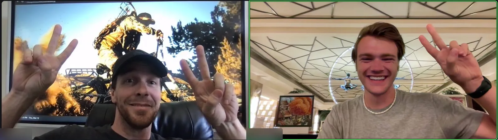 Clutch City crew on a video call, smiling and throwing peace signs