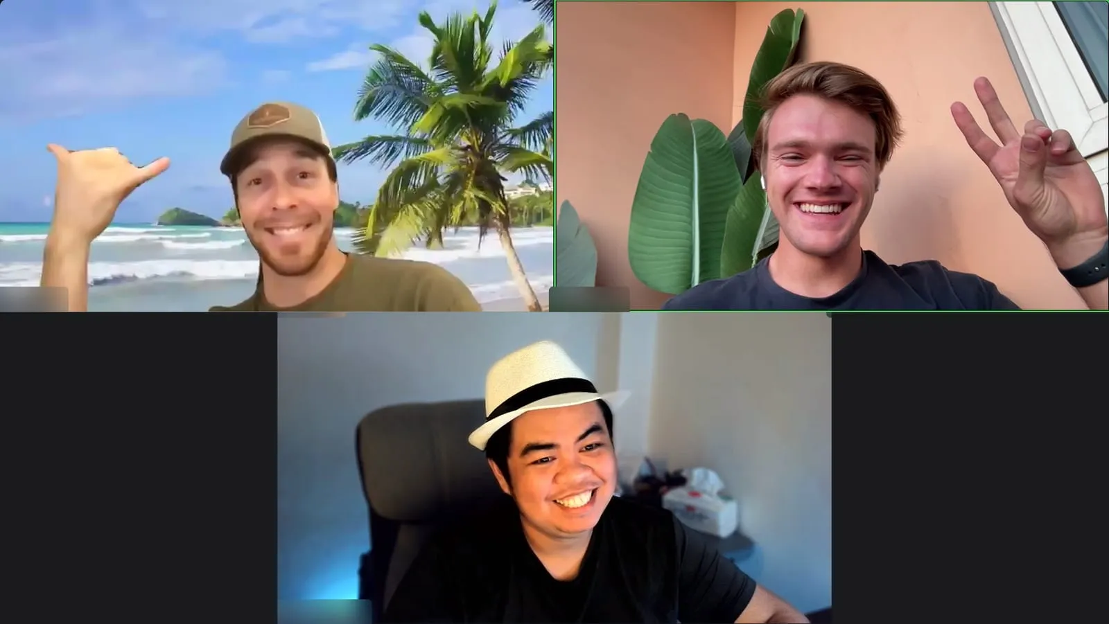 Three of the Clutch City crew on a video call, one in front of a beach background throwing a shaka