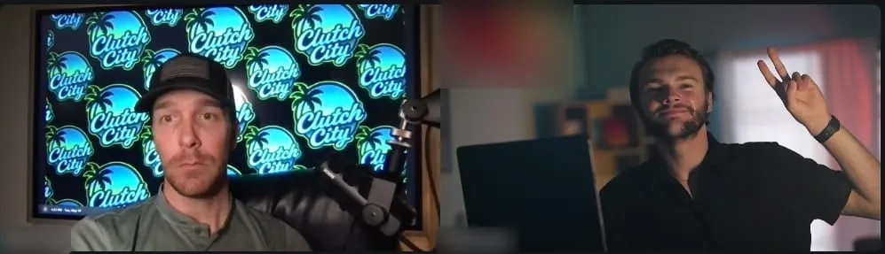 Clutch City crew on a video call, one in front of the Clutch City logo wall