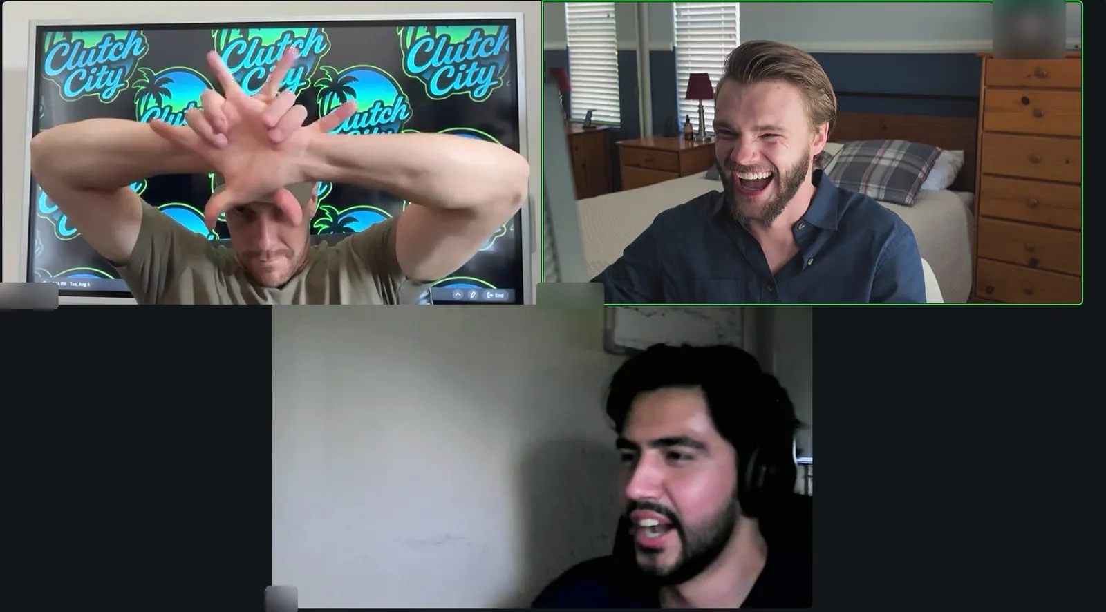 Three of the Clutch City crew laughing together on a video call