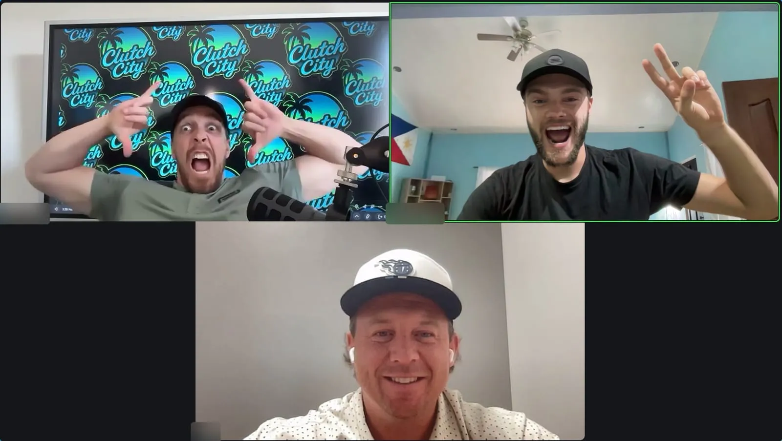 Three of the Clutch City crew on a video call, cheering and throwing peace signs